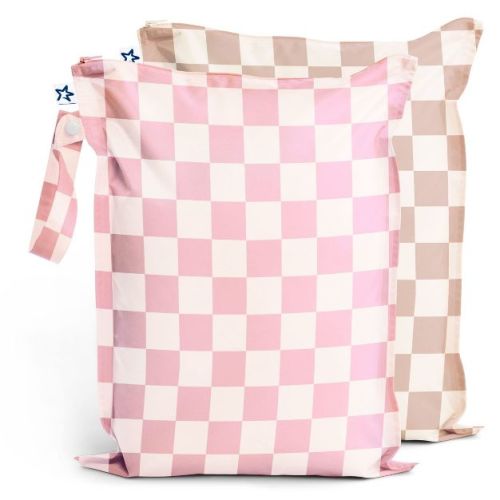 Tiny Twinkle Mess-Proof Waterproof Washable Baby/Toddler Wet Bags for Diapers, Swimsuits and Travel Pink, Brown Checkers