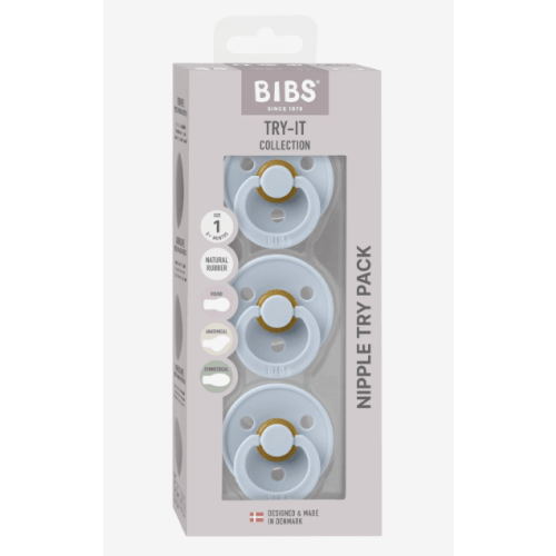 BIBS Pacifier Dummy: Size 1: Try-it 3 Pack - Baby Blue