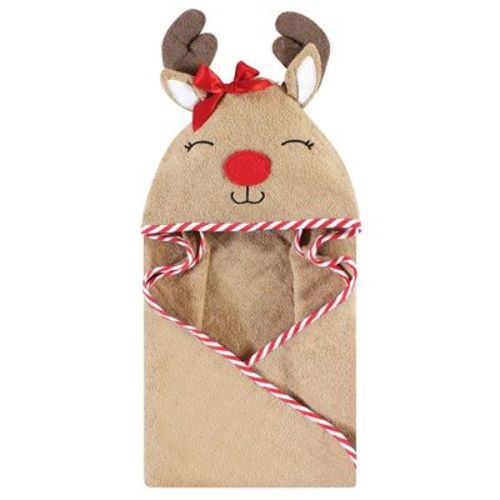 Hudson Baby Infant Girl Cotton Poly Animal Face Hooded Towel, Girl Holiday Reindeer, One Size
