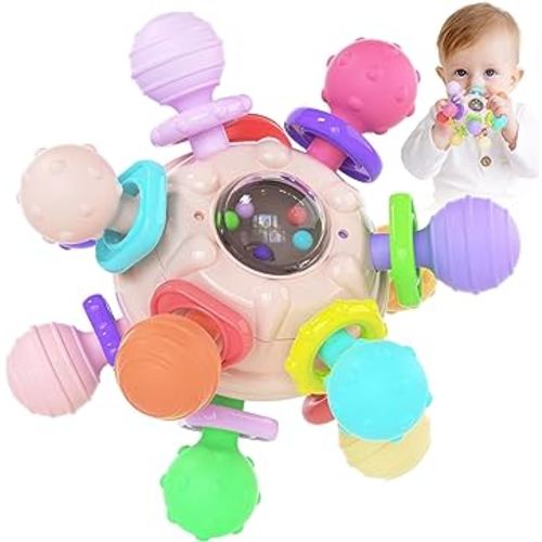 Cerberus Silicone Baby Teether, Montessori Sensory Toys, 0-12 Months, Pink & Multicolor, Teething Toys for Babies