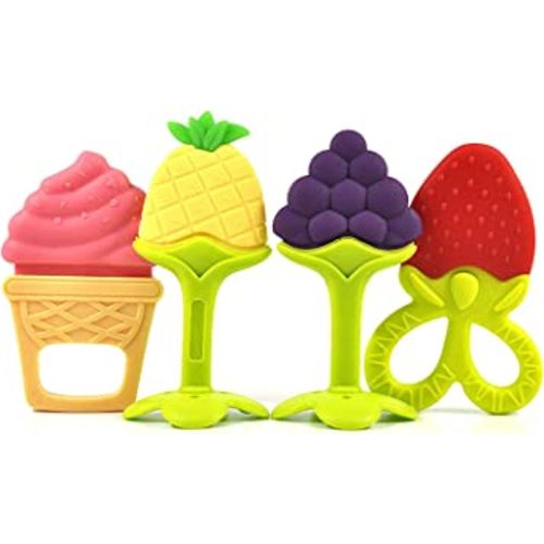 SLGOL Fruit Teething Toys for Babies 4 Pack, BPA Free Silicone Teethers for 3 Month+ Little Boy & Girl Cute Infant and Shower Gifts
