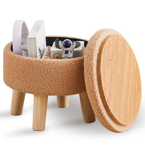 Round Storage Ottoman, Teddy Velvet Footstool with Wood Legs, Small Accent Table or Plant Stand for Living Room, Bedroom, Entryway (Champagne)