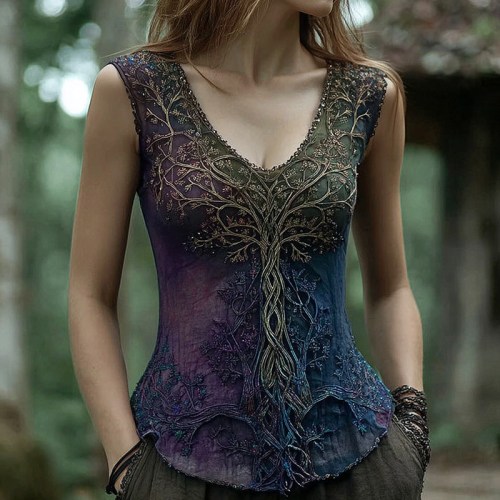Women's Vintage Viking Tree Of Life Gradient V-neck Vest