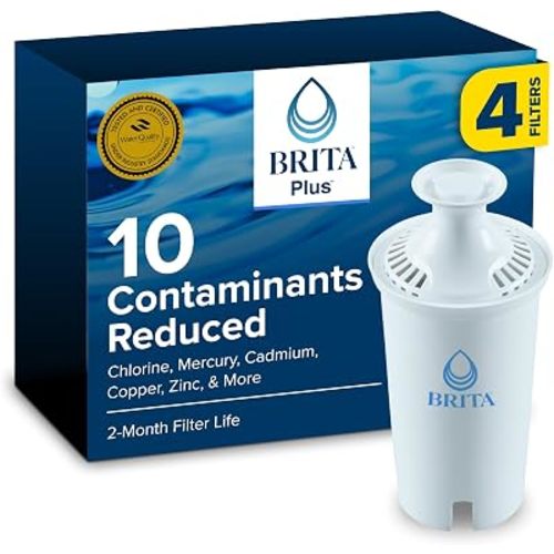 Brita BritaPlus Replacement Water Filter for Pitchers and Dispensers, WQA NSF/ANSI Certified, Reduces 2x More Contaminants vs. Standard Brita, Reduces Chlorine Zinc Copper Mercury & More, 4 Filters