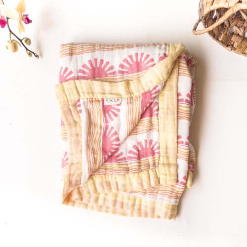 Pink Sun + Wave Blanket | Organic Bamboo Muslin | Ocean Nursery Decor – Coca + B.