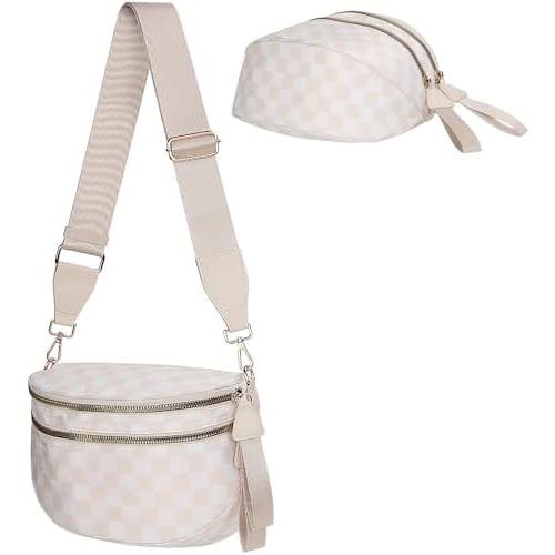 Titosha Oversized Nylon Beige Checkered Bum Bags for Women Crossbody, Adjustable Strap Crossbody Bag Large Fanny Packs Sling Bag Handbags Wallets Purses Shoulder Bag Belt Bag Diaper Bag