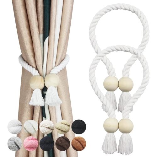 2 Pack White Magnetic Curtain Tiebacks Cotton Hand Woven Tieback Holdback Decorative Tie Backs for Drapes with Wooden Buckle No Tools Required