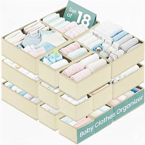RFAQK Dresser Drawer Organizer Clothes-18 Pack Underwear Clothing Drawer Organizer for Baby, Nursery, Closet-Foldable Fabric Drawer Dividers for Bedroom, Storage Bins for Bra, Socks, Belt, Tie-Beggie