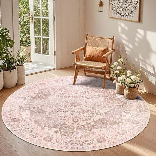 nesrt Boho Washable Round Rugs 6ft for for Living Room, Soft Non-Slip Circle Kids Bedroom Rugs, Faux Wool Low Pile Printed Kids Nursery Area Floor Carpets for Dining Room Doorway Playroom (Pink)
