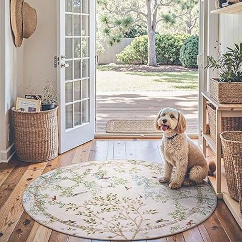 jinchan Yarden Round Rugs 5ft Ivory Botanical Birds Print Machine Washable 5' Circle Nature Plants Modern Soft Non Slip Throw Area Rugs Ultra Thin Low Pile Carpet for Entryway Bedroom Kids Room
