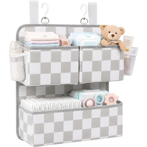 Hanging Diaper Organizer for Crib, Playpen, Bassinet & Playard, Changing Table Diaper Organizer, Diaper Caddy with 3 Deep Pockets, Holds 80+ Diapers, Baby Organizers and Storage (Gray Checkered)