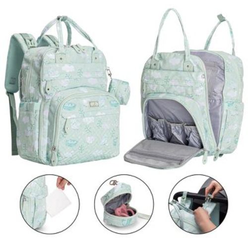 BabbleRoo Diaper Bag Backpack Stylish Hands-Free Baby Bag with Changing Pad, Stroller Straps & Water-Resistant Pañaleras , Green Birdy