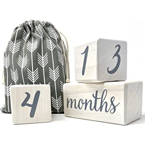 Pondering Pine Baby Milestone Blocks - Natural White Stain Pine Wood with Weeks Months Years Grade - Milestones Age Block Set with Bag, Newborn Weekly Monthly First Year Picture Props, Earth Friendly