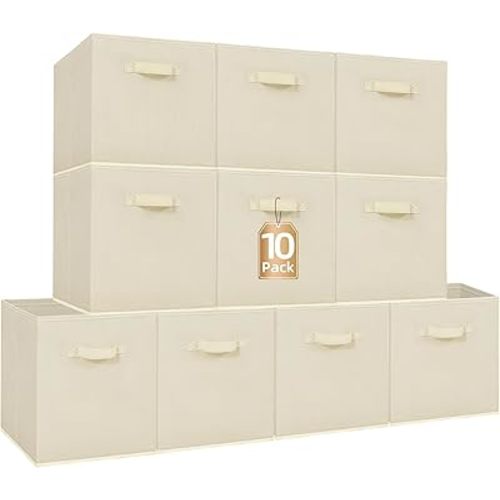 STORAGE MANIAC Storage Cubes, 13 Inch Collapsible Storage Bins with Handles, 10 Pack Fabric Foldable Bins for Organization, Durable Storage Bins for Closet, Shelves, Offices, Toys, 10-Pack Beige
