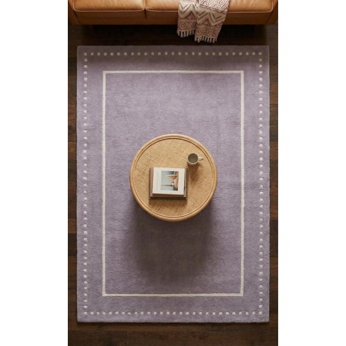 Hand-Tufted Wool Area Rug, Lavender Dotted Border, Cozy Earthy Living Room Carpet