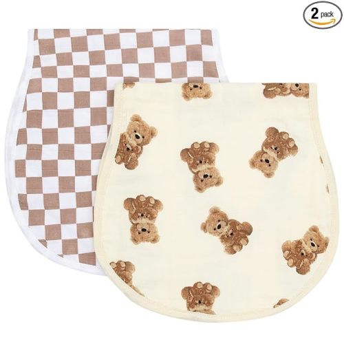 LifeTree Muslin Baby Burp Cloths - 2 Pack 70% Viscose from Bamboo and 30% Cotton Large 22'' by 10'' Absorbent Milk Spit Up Rags - Burping Cloths for Newborn, Girls Boys, Bear and Checkered