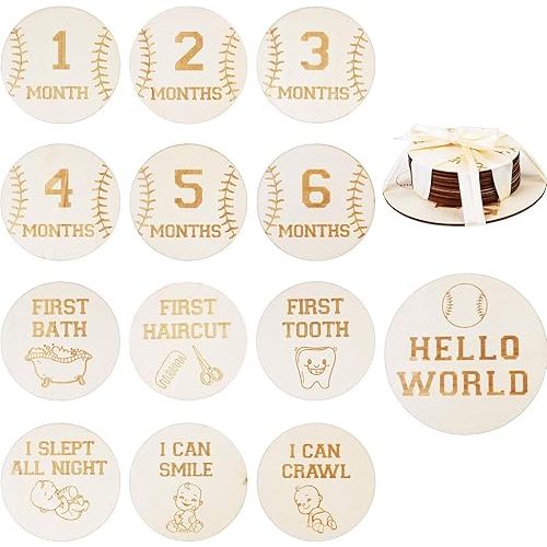 13PCS Baseball Wooden Monthly Photo Cards, Sports Newborn Gift for Girls and Boys, Hello World Newborn Photo Booth Props for Baseball Baby Shower Pregnancy Announcement Party Decorations