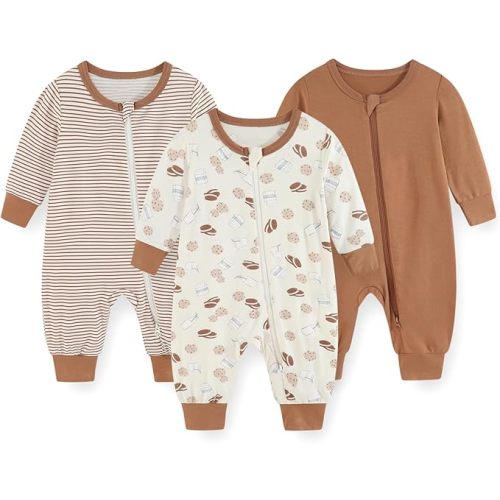 falianni 3 Pack Cartoon Baby Unisex Jumpsuits Comfy Solid Color New born Boy Girl Rompers Long Sleeve Zipper Infant Colthes