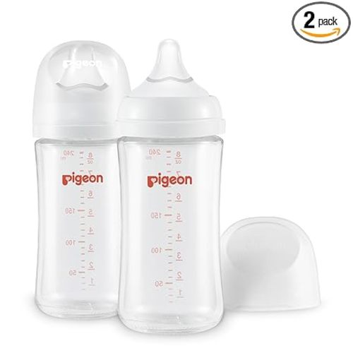 Pigeon Glass Nursing Bottle Wide Neck, Anti-Colic, Streamlined Body, Natural Feel, Easy to Clean, Heat-Resistant, 8.1 Oz (Pack of 2), Includes 2pcs M Nipples (3m+)