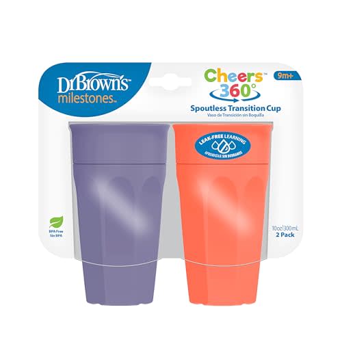 Dr. Brown's Milestones Cheers 360 Spoutless Transition Cup, Travel Friendly and Leak Free Sippy for Babies and Toddlers, Coral and Purple, BPA-Free, 10 oz/300 mL, 9m+
