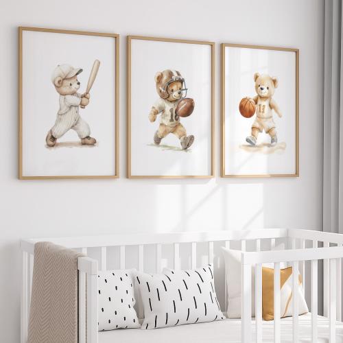 Vintage Sports Nursery Wall Art, Set of 3 Teddy Bear Prints Watercolor Baseball Football Basketball Artwork Boys Room Decor Digital Download