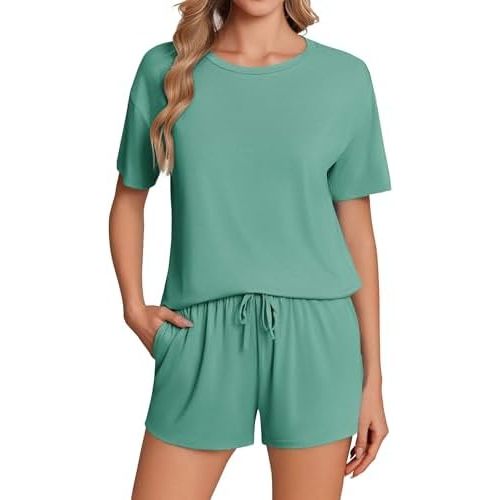 Ekouaer Pajama Set for Women Viscose from Bamboo Short Sleeve Tops and Shorts Set 2 Piece Lounge Set