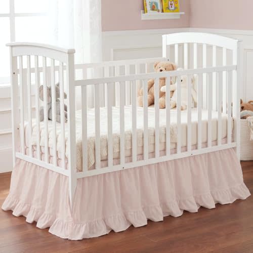 Hahafelt Pink Crib Skirt for Baby Girls Boys, 100% Washed Cotton Bed Skirt | 28" x 52" with 14" Drop Dust Ruffle Crib Skirt, Soft Nursery Bedding, Fits Standard Toddler Cribs, Boho Farmhouse Decor