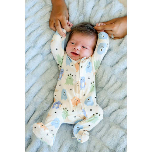 Zipper Footie in Mini Monsters Blue | Caden Lane