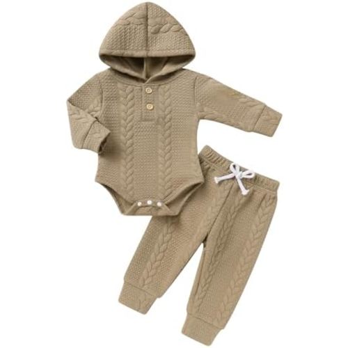 YOUNGER TREE Newborn Baby Boy Girl Clothes Hooded Long Sleeve Romper Pants Set Solid Ribbed Infant Fall Winter Outfits