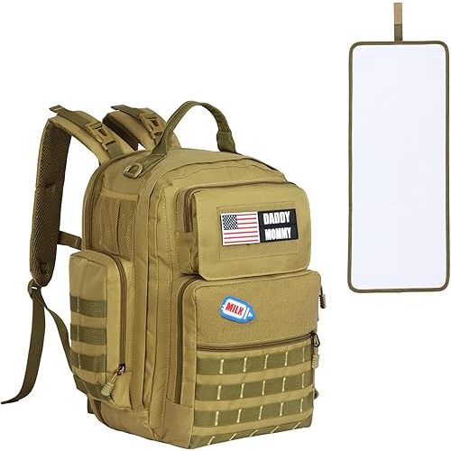 MABOZOO Diaper Bag Backpack for Dad, Brown Military Diaper Bag Backpack with Waterproof Changing Pad,Large Mens Baby Bag,Unisex Molle Style Baby Backpack Bag