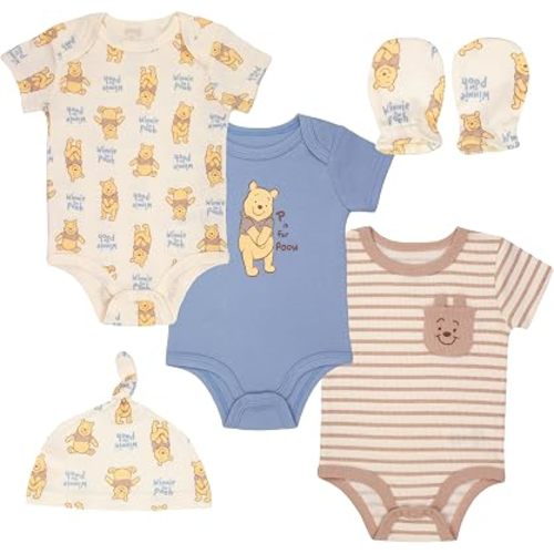 Magic Threadz Disney Clothes Boys Winnie the Pooh 3-Pack Bodysuit Set with Hat & Mittens – Soft Cotton Baby Outfit Set (0–9M)