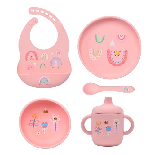 silicone baby feeding set, Baby Led Weaning Supplies,Cutlery Feeding Supplies, Baby Utensils Feeding Essentials for Starting Solids,5 Piece Set (pink)