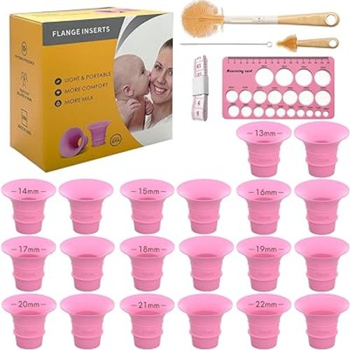 Flange Sizing Kit with 20PCS 13/14/15/16/17/18/19/20/21/22mm Flange Inserts for 24mm Breast Pump, Silicone Flange Size Kit 3 in 1 Include Nipple Ruler, Cleaning Brush, Pumping Breastfeeding Essentials