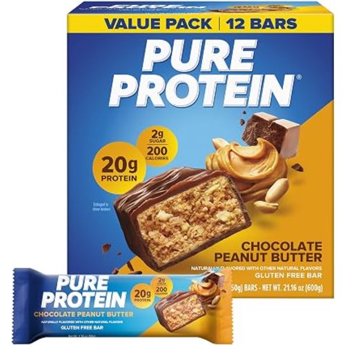 Pure Protein Chocolate Peanut Butter Protein Bars β 20g Protein, 3g Sugar, 190 Calories (12 count) Low Sugar* High Protein Snack - Gluten Free - Perfect for a Healthy Snack