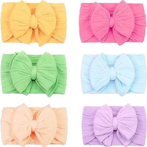 CÉLLOT 6 Pcs Super Stretchy Soft Handmade Headbands with Double Bows Head Wrap Nylon Hair Accessories For Newborn Baby Girls Infant Toddlers Kids(Green)