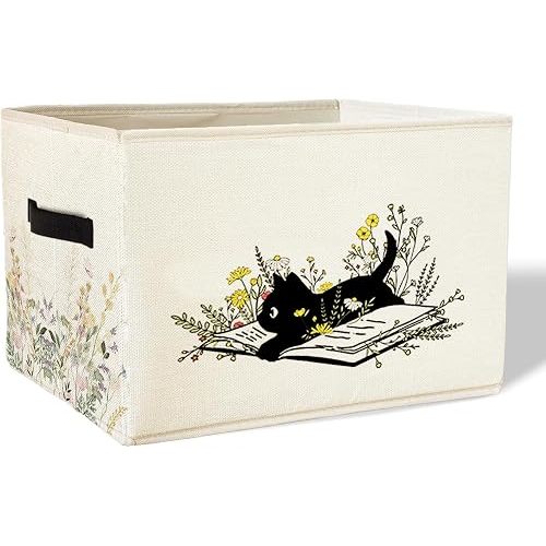 Black Cat Floral Storage Basket Bins With Handles for Girls Kids, Floral Cat Foldable Organizer Basket Toybox for Girls Room Nursery Bedroom Bathroom Clothes Toys Books