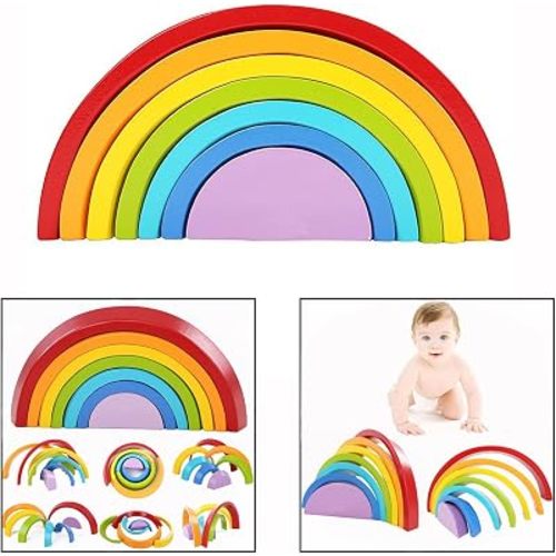 Wooden Rainbow Stacker, 7 Rainbow Toy, Nesting Puzzle, Stacking Rainbow Blocks