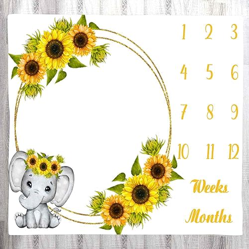 Sunflower Baby Age Blanket - Cartoon Elephant White Growth Chart Memory Blanket, 48x40 Inch Newborn Swaddling Monthly Milestone BTLSLY271