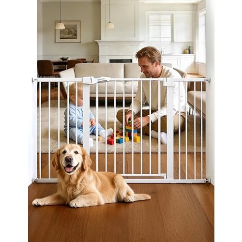 Babelio 36" Tall Baby Gate, PressGuard P7, 29-55" Auto Close Pressure Mounted Dog Gate for Doorways & Hallway, Basics Easy Walk Thru Pet Gate, Extra Wide Metal Child Gate, White