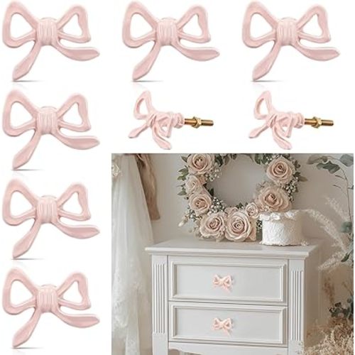 6 Pcs Pink Bow Knobs for Dresser,Pink Bow Drawer Knobs, Coquette Dresser Handles, Decorative Handles for Home Bedroom Hardware Cabinets Kitchen Glass Door Wardrobe