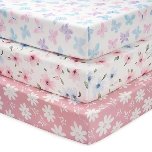 Baby Crib Sheets Girl, 3 Pack Toddler Bed Sheets Fit for 52”x28” Standard Crib and Toddler Mattresses, Super Soft Microfiber Pink Butterfly Flower