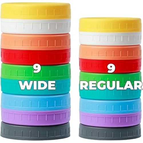 18 Pack 9 Wide Mouth & 9 Regular Mouth Mason Jar Lids with Silicone Rings,Thickened Leak-proof Lids Fit Ball,Kerr and More, 18 Color Plastic Lids, 86mm &70mm Plastic Mason Jar Lids