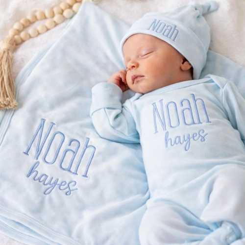 Personalized Swaddle Blanket and Romper Set: Baby Blue Embroidered Newborn Outfit Baby Shower Gift Baby Boy Coming Home Outfit