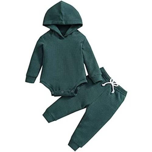 Thorn Tree Newborn Unisex Baby Clothes Set Hooded Long Sleeve Bodysuit Stretchy Pants Ribbed Outfits Fall Winter