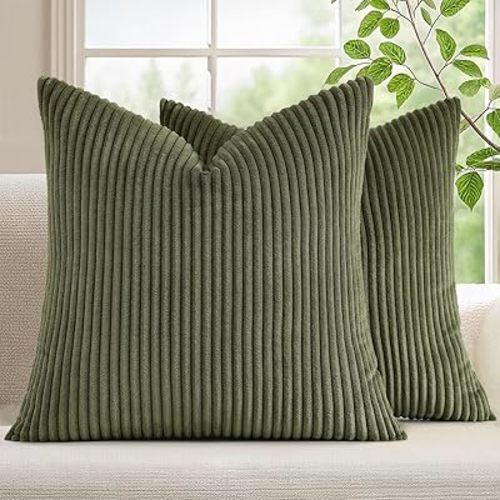 Mecatny Corduroy Fall Throw Pillow Covers 18x18 Set of 2 Olive Green