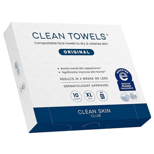 Clean Skin Club Clean Towels XL®, Travel Pack 100% USDA Biobased Disposable Face Towel, Eczema Association Accepted,Dry Wipes, TSA-Approved Travel Essential, 1 Pack, 10 ct Total