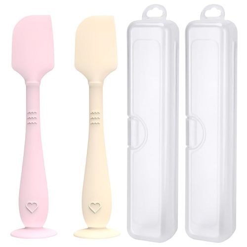 2 Pack Diaper Cream Spatula with Hygienic Travel Case, Butt Spatula Baby with Suction Base, Baby Butt Paste Spatula, Soft Silicone Diaper Rash Cream Applicator Large Size (Brown & Offwhite)