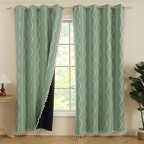 ColorBird Boho Cutains 100% Blackout Sage Green Floral Thermal Insulated Farmhouse Bohemian Vintage Western Cottage Core Black Out Patterned Drapes 63 Inch 2 Panels Set for Bedroom Living Room