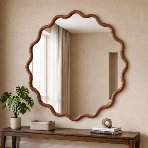 Easy4Home 30" x 30" Wavy Round Bathroom Mirror Wall Decor with Wooden Frame, Walnut