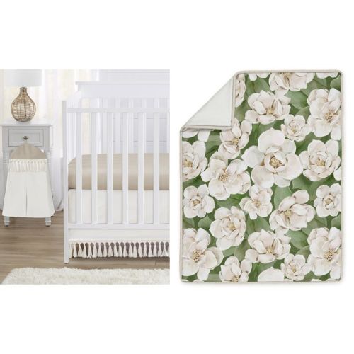 Sweet Jojo Designs Girl Baby Crib Bedding Set - Watercolor Magnolia Green Ivory And Taupe 4pc